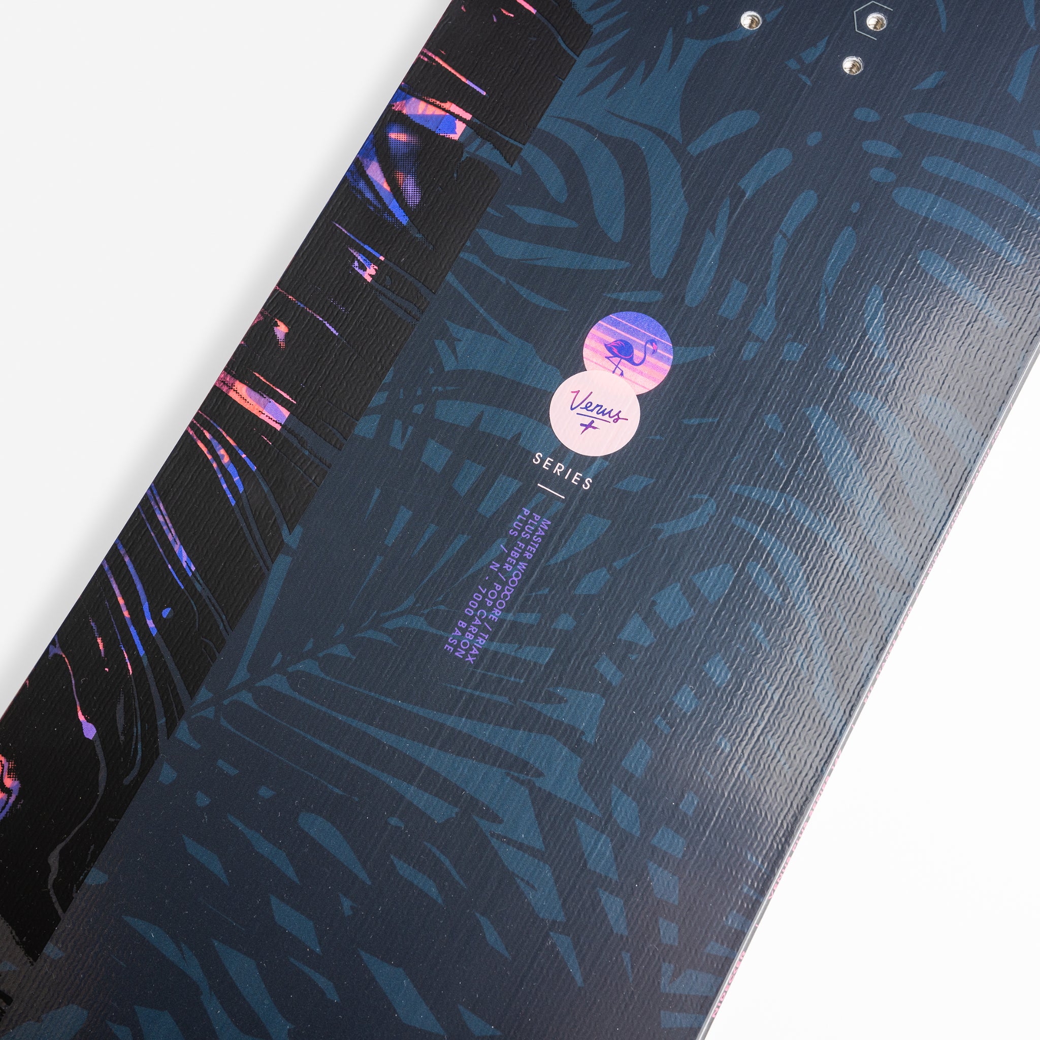 Nidecker Venus Plus Women's Snowboard 2025 - A navy blue snowboard with a pink and purple abstract design on top of a white background.