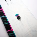 Nidecker Venus Women's Snowboard 2025 - A white snowboard with a pink and purple palm tree pattern on the top sheet, featuring a black base.