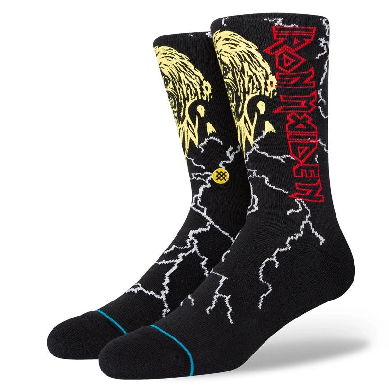 Night City Crew C Sock 2022 - Black crew socks with a repeating pattern of yellow and white lightning bolts.