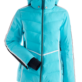 Nils Women's Courchevel Insulated Jacket - A bright blue jacket with a high collar and zippered pockets, featuring white stripes on the sleeves.