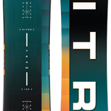 Two views of a Nitro snowboard with a colorful design and brand logo.