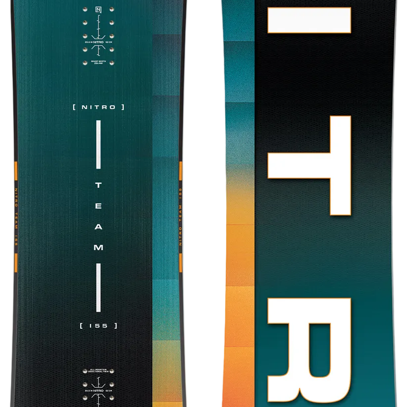 Two views of a Nitro snowboard with a colorful design and brand logo.