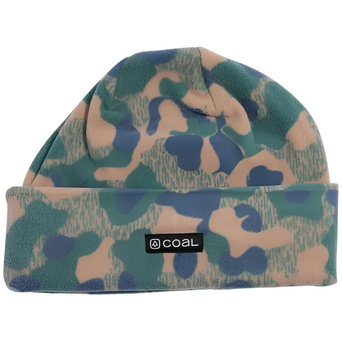 NEW JACK FLEECE BEANIE 2024 - A green and tan camouflage beanie with a black label featuring the word "COAL" in white letters.