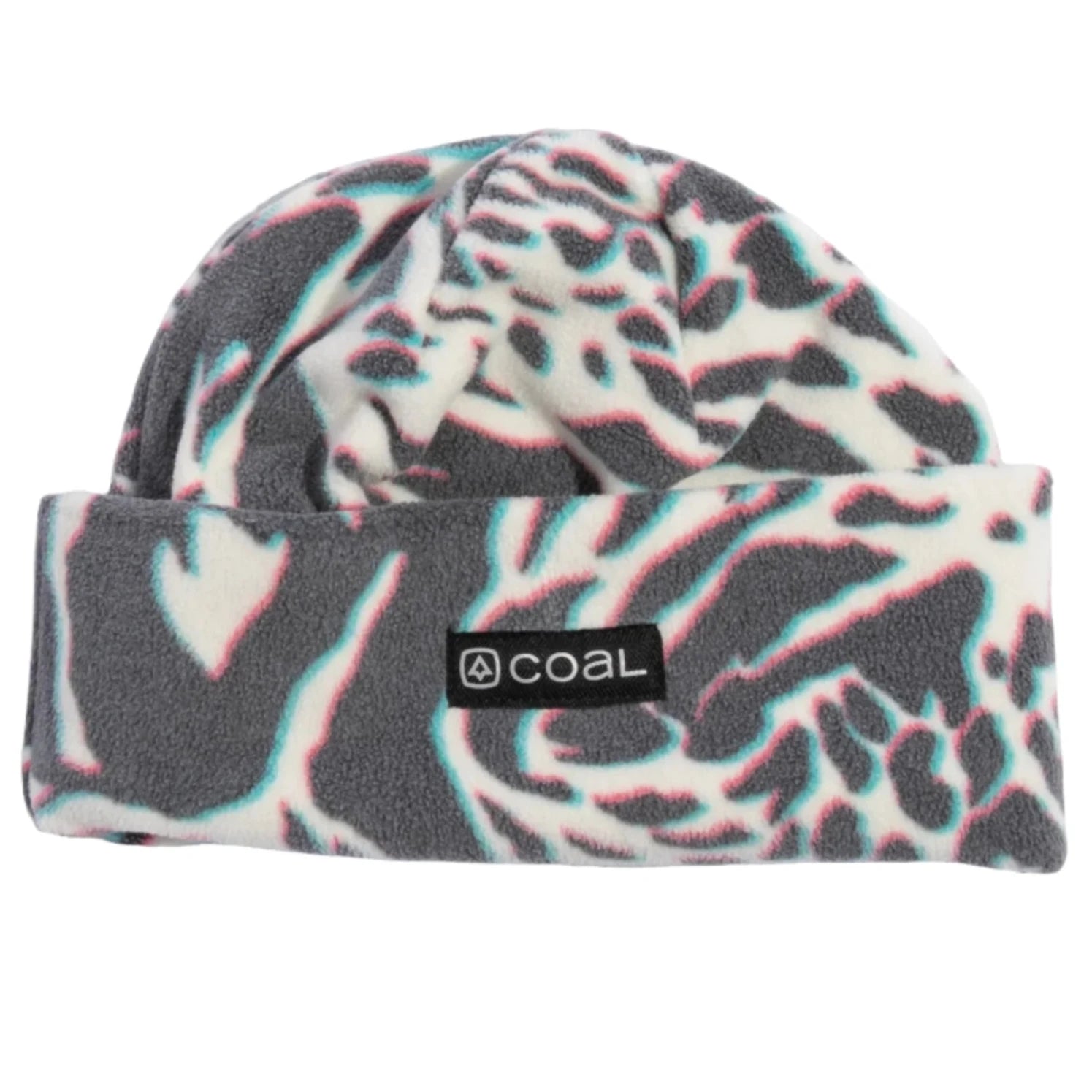 NEW JACK FLEECE BEANIE 2024 - A gray beanie with a pink and blue abstract pattern.