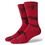 NOsten CREW C Sock - A pair of red crew socks with a black logo on the top and blue lines at the toes.