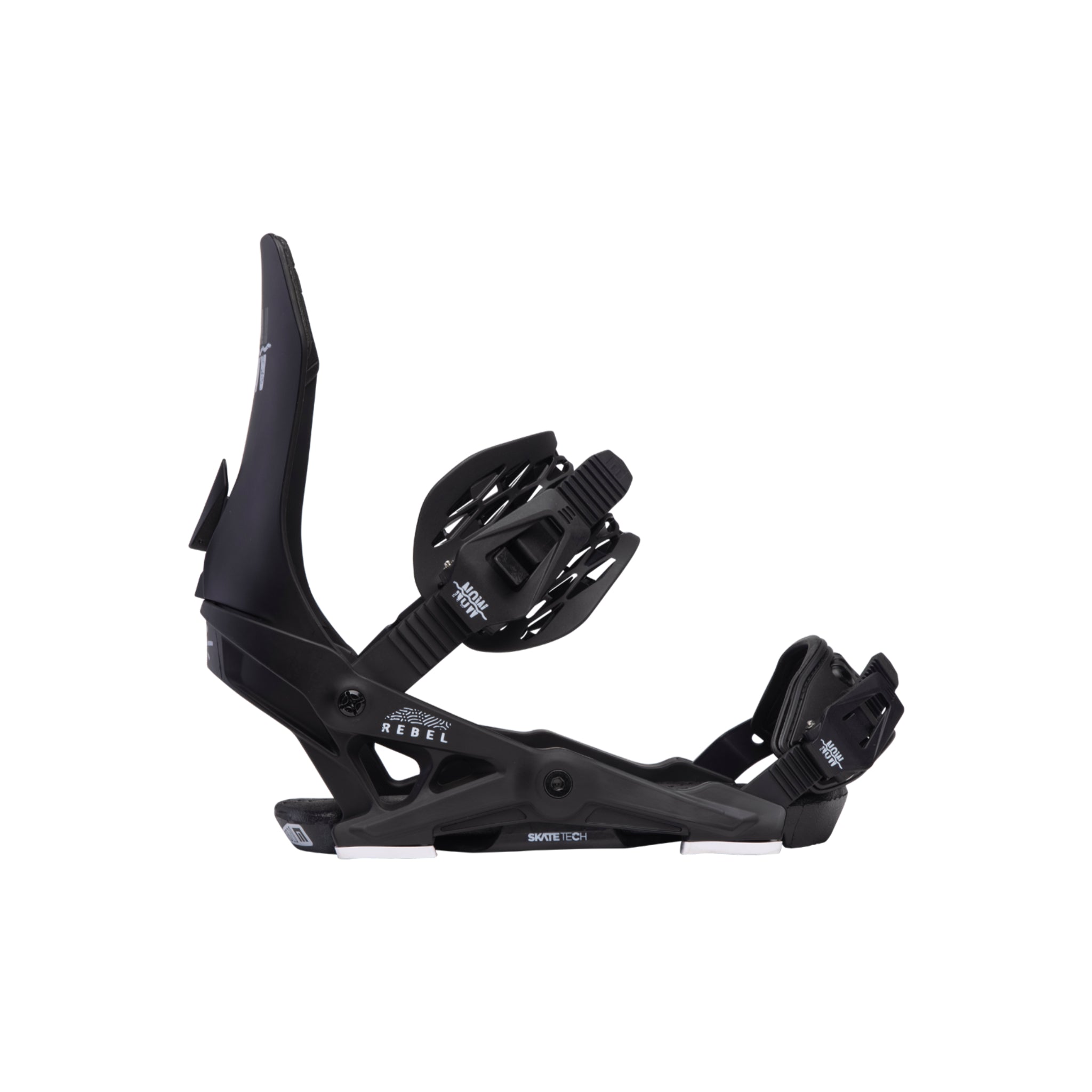 Now Women's Rebel Freestyle Binding 2024 - Black binding with white logo on top strap and "Rebel" text in white on bottom strap.