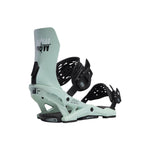 Now Women's Rebel Freestyle Binding 2024 - A mint green snowboard binding with black buckles and straps, featuring a "NOW" logo on the top plate.