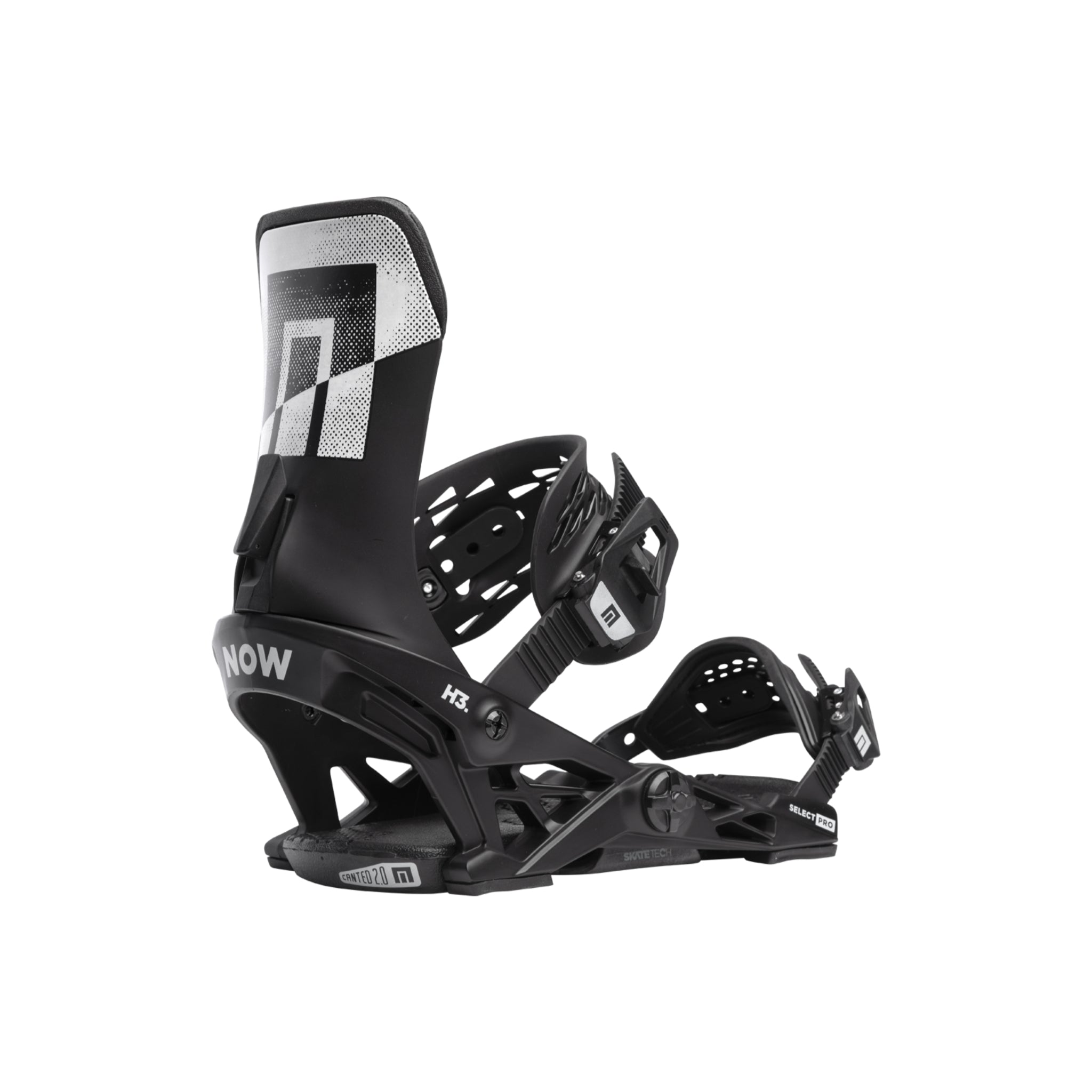 Now Men's Select Pro Binding 2024 - Black bindings with white lettering and logos on straps.