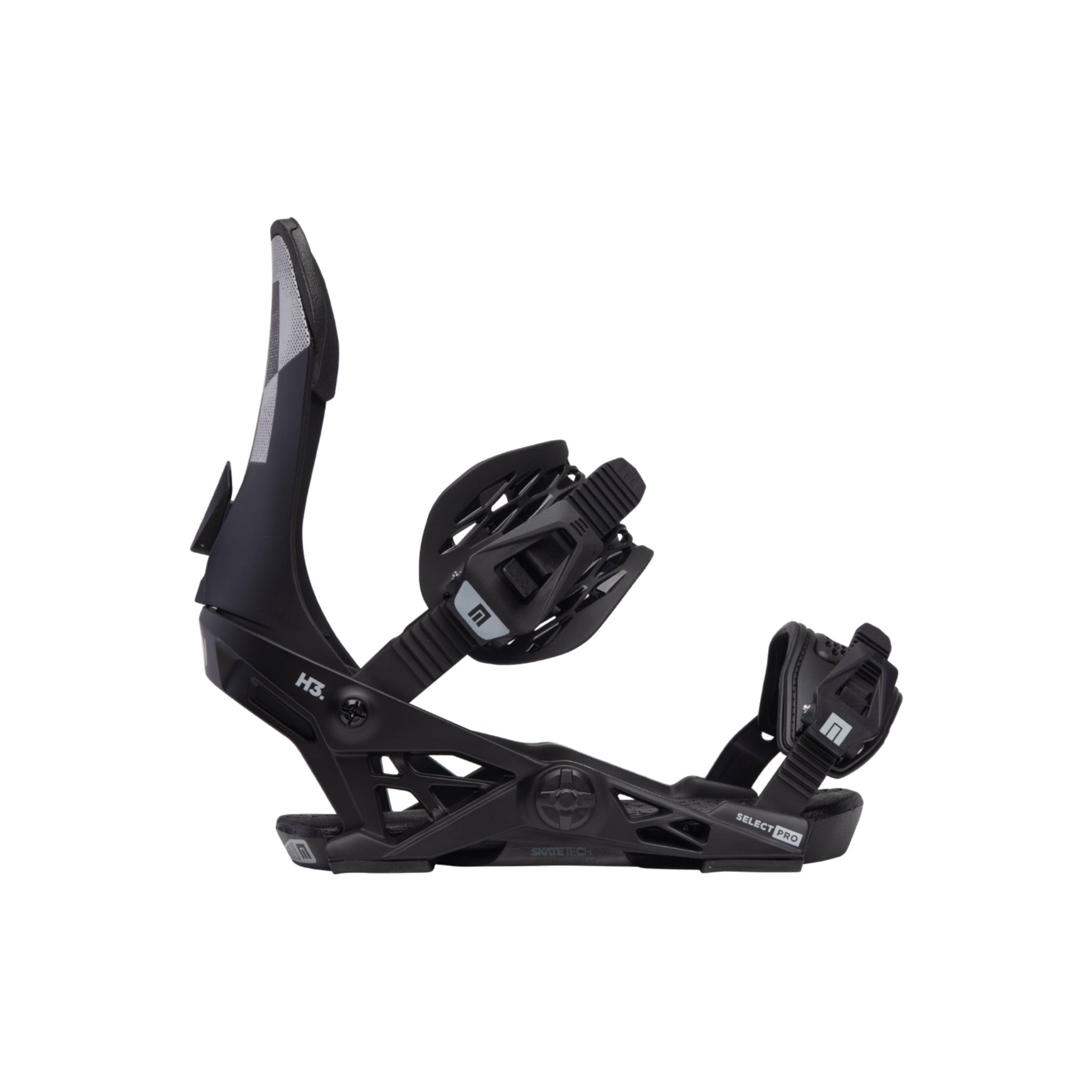 Now Men's Select Pro Binding 2024 - Black bindings with white lettering and a silver logo on the highback strap.