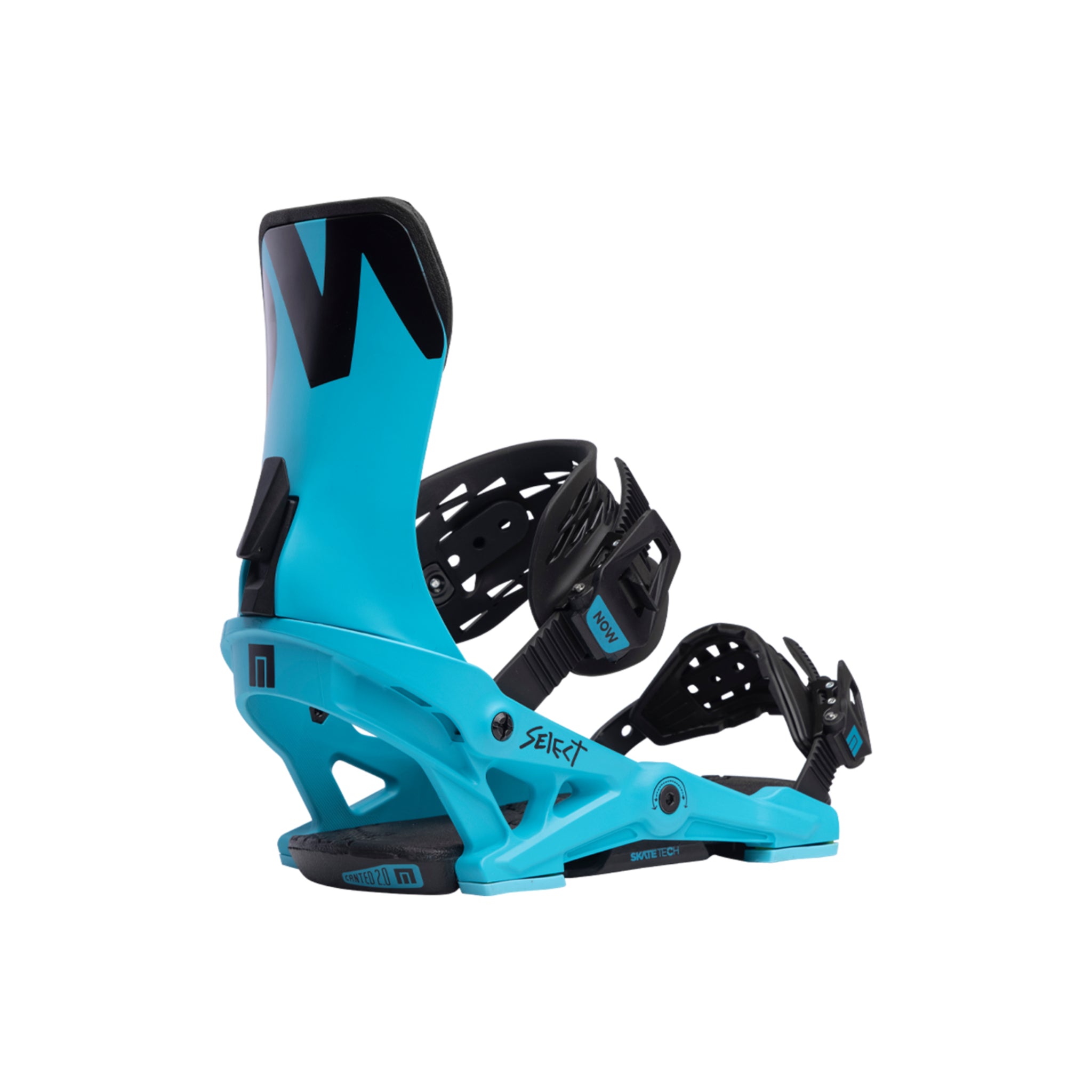 Now Men's Select Snowboard Binding 2024 - A black snowboard binding with a blue logo on top of the left foot strap.
