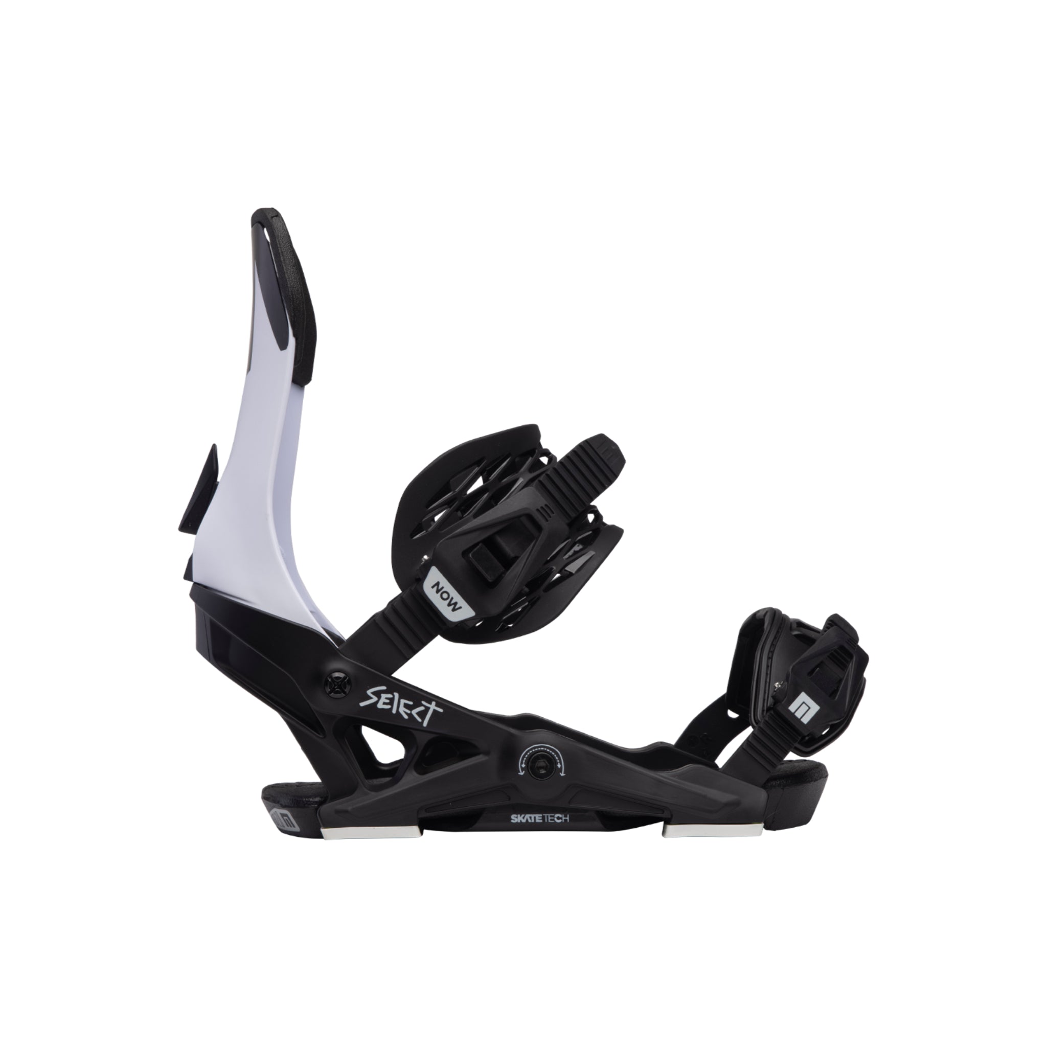 Now Men's Select Snowboard Binding 2024 - A black snowboard binding with a white logo on the highback strap and a small white "n" logo on the buckle.