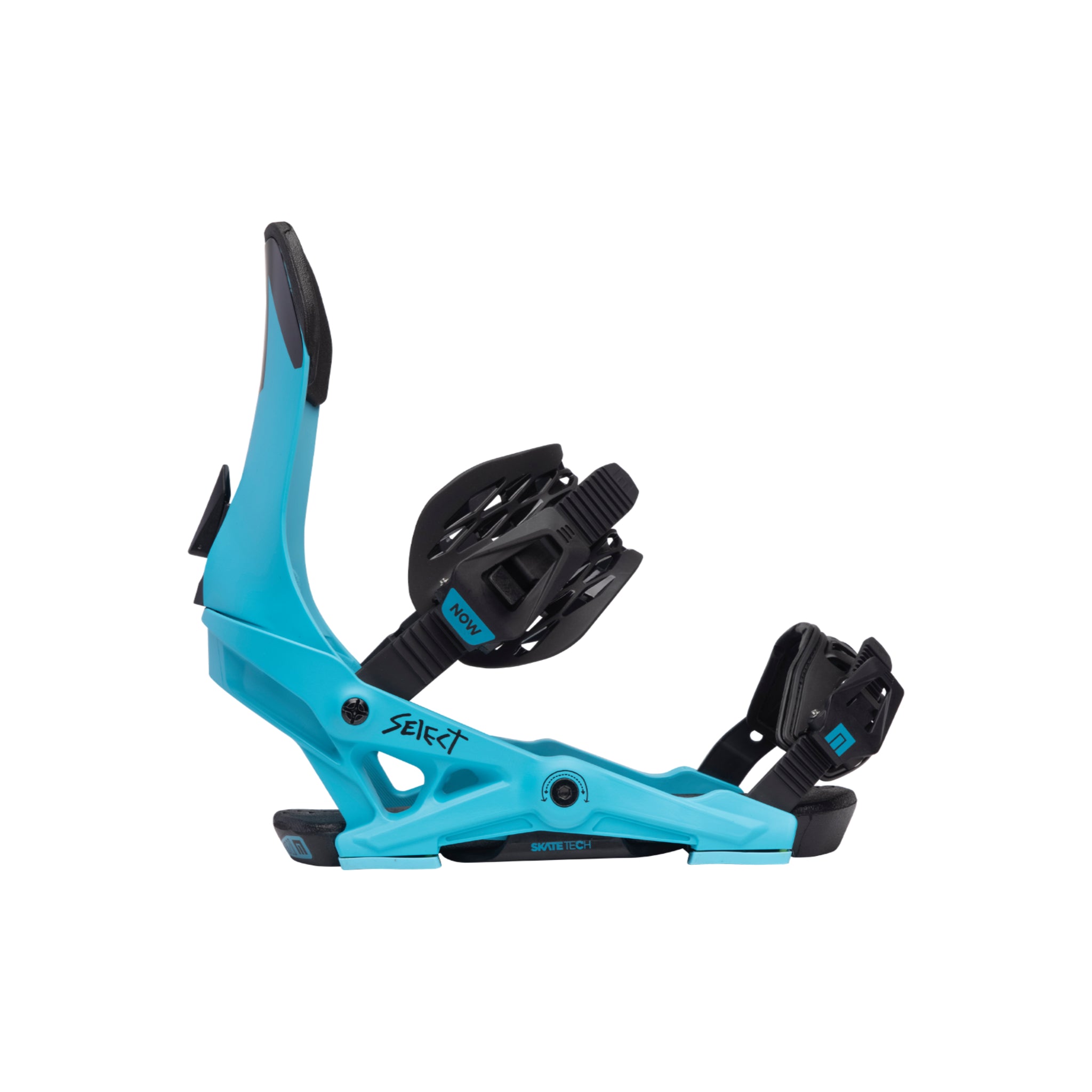 Now Men's Select Snowboard Binding 2024 - A black snowboard binding with a blue logo on the highback strap and "NOW" written in white letters on the baseplate.