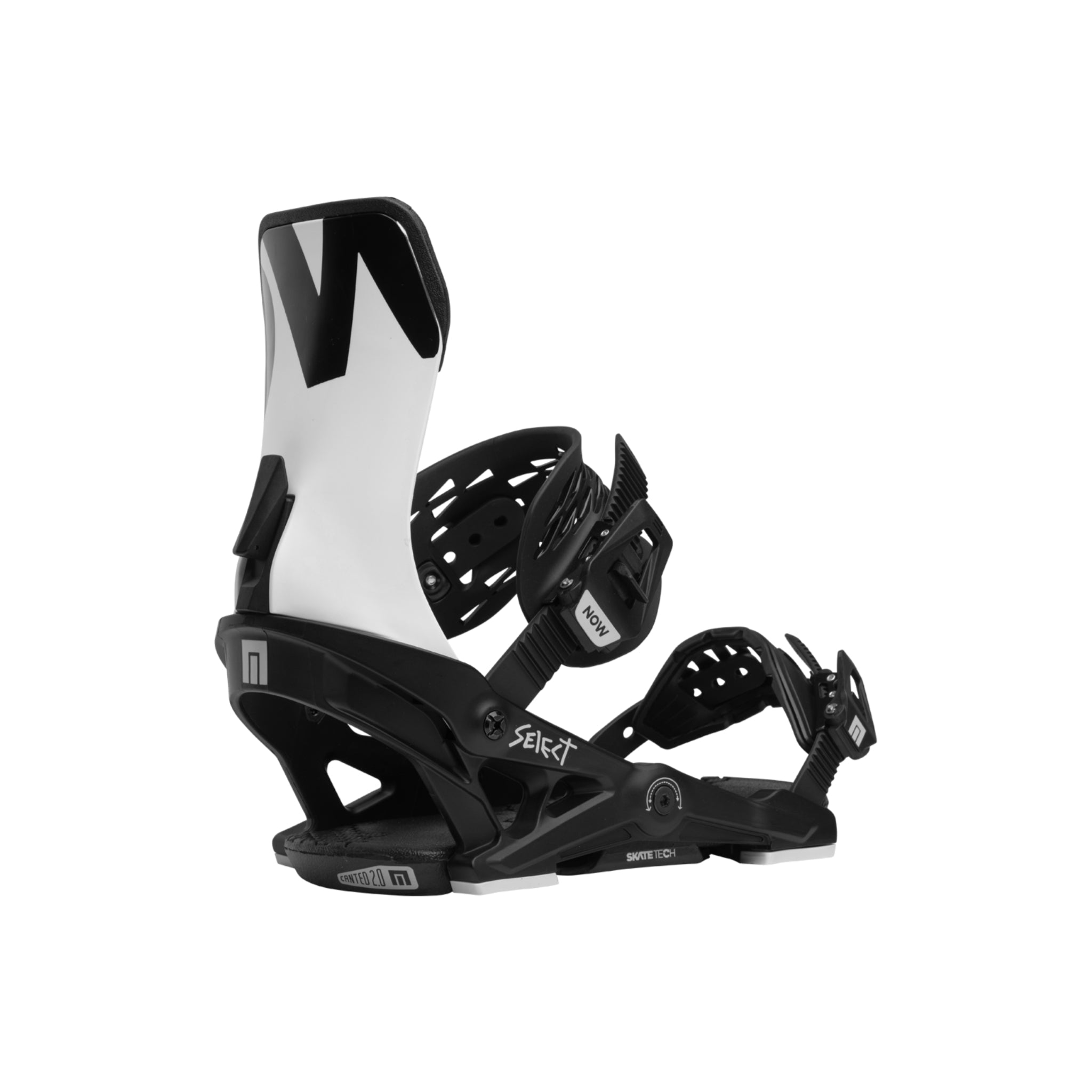 Now Men's Select Snowboard Binding 2024 - A black snowboard binding with a white logo on the strap and a silver buckle.