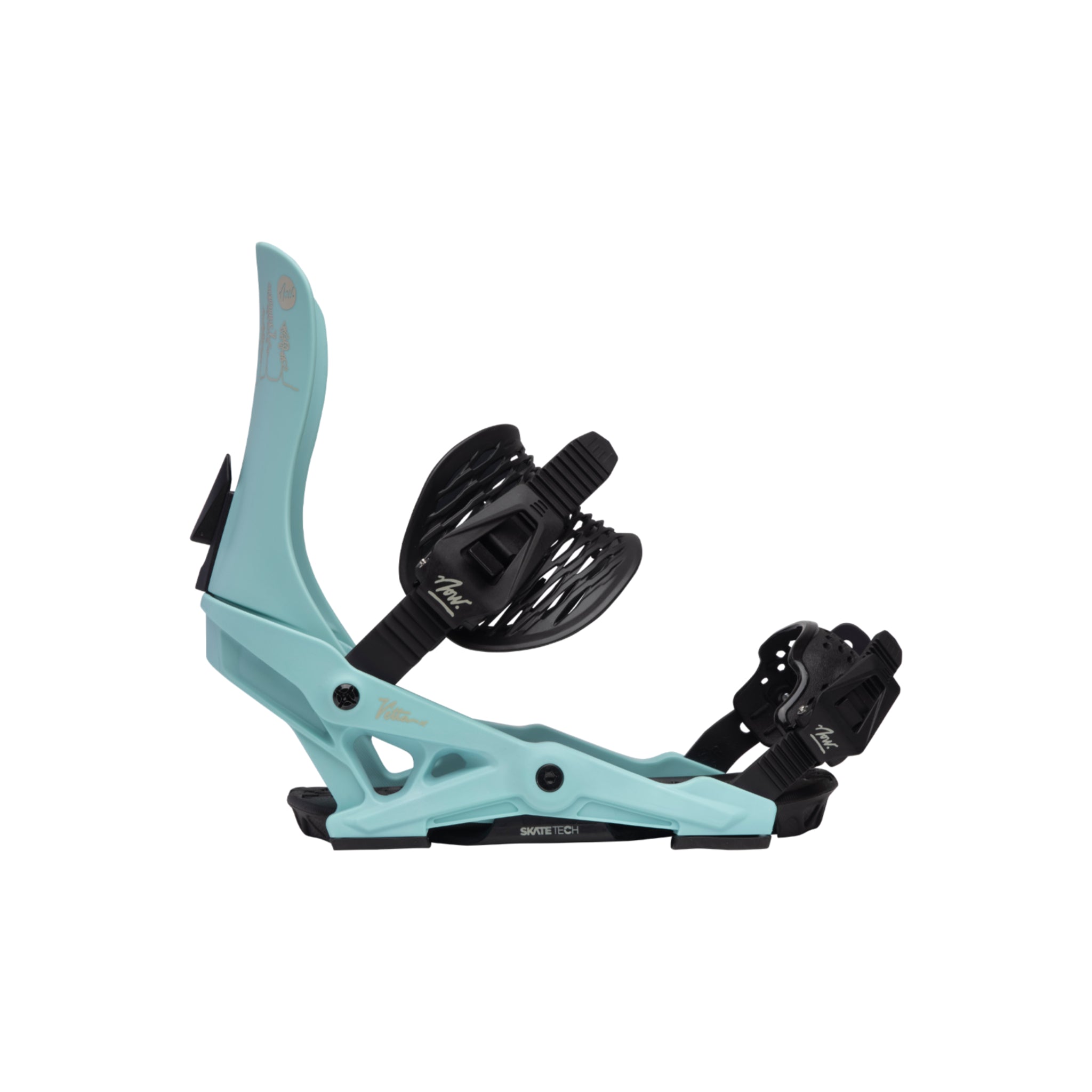 NOW Women's Vetta Snowboard Bindings 2024 - A pair of light blue snowboard bindings with black buckles and straps.