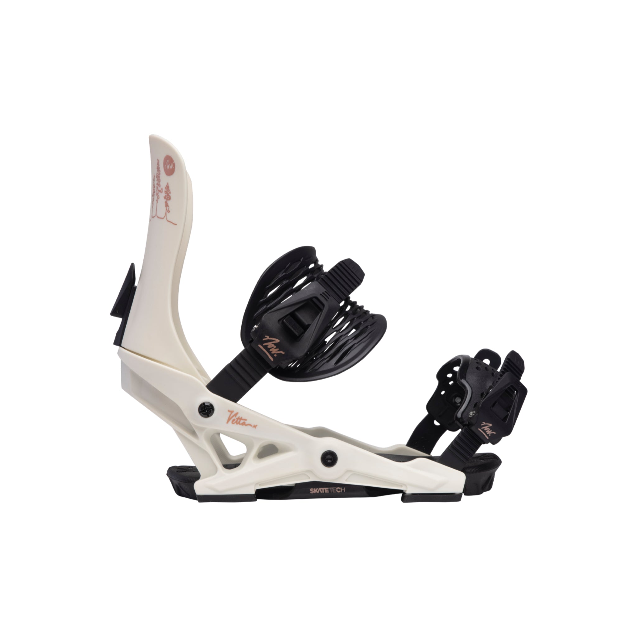 NOW Women's Vetta Snowboard Bindings 2024 - A pair of white snowboard bindings with black buckles and straps, featuring a distinctive red logo on the top strap.