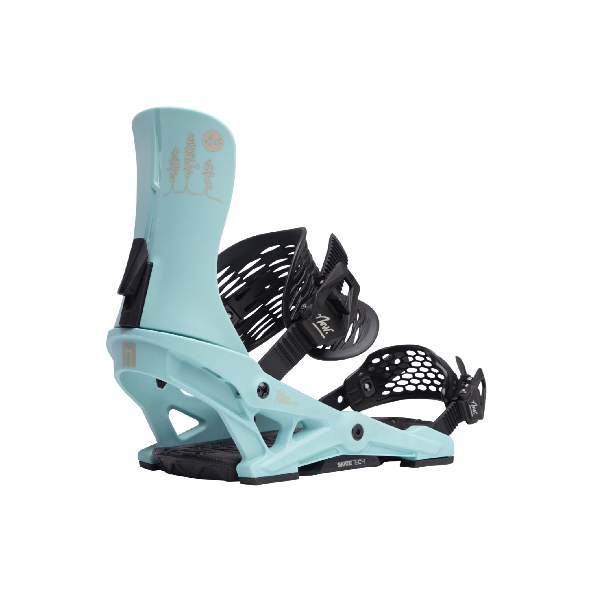 NOW Women's Vetta Snowboard Bindings 2024 - A pair of light blue snowboard bindings with a black base and straps, featuring a minimalist design with no visible logos or branding.