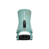 NOW Women's Vetta Snowboard Bindings 2024 - A pair of light blue snowboard bindings with a black strap and silver screws.