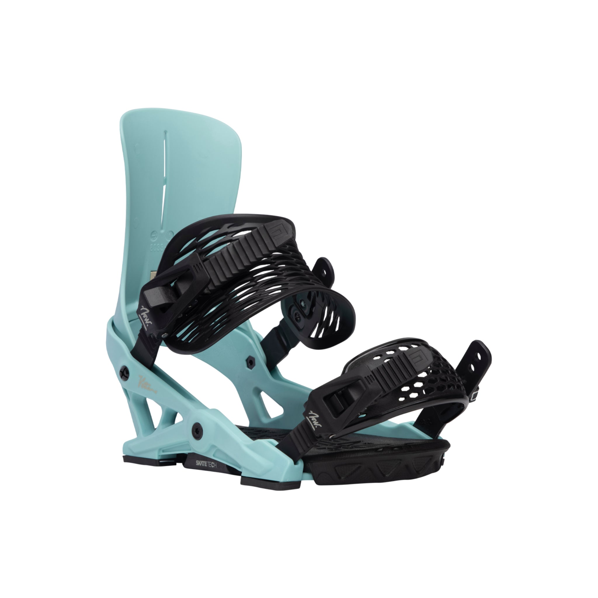 NOW Women's Vetta Snowboard Bindings 2024 - A pair of light blue snowboard bindings with black straps and buckles.