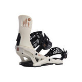 NOW Women's Vetta Snowboard Bindings 2024 - A pair of white snowboard bindings with a brown logo on top and black straps.