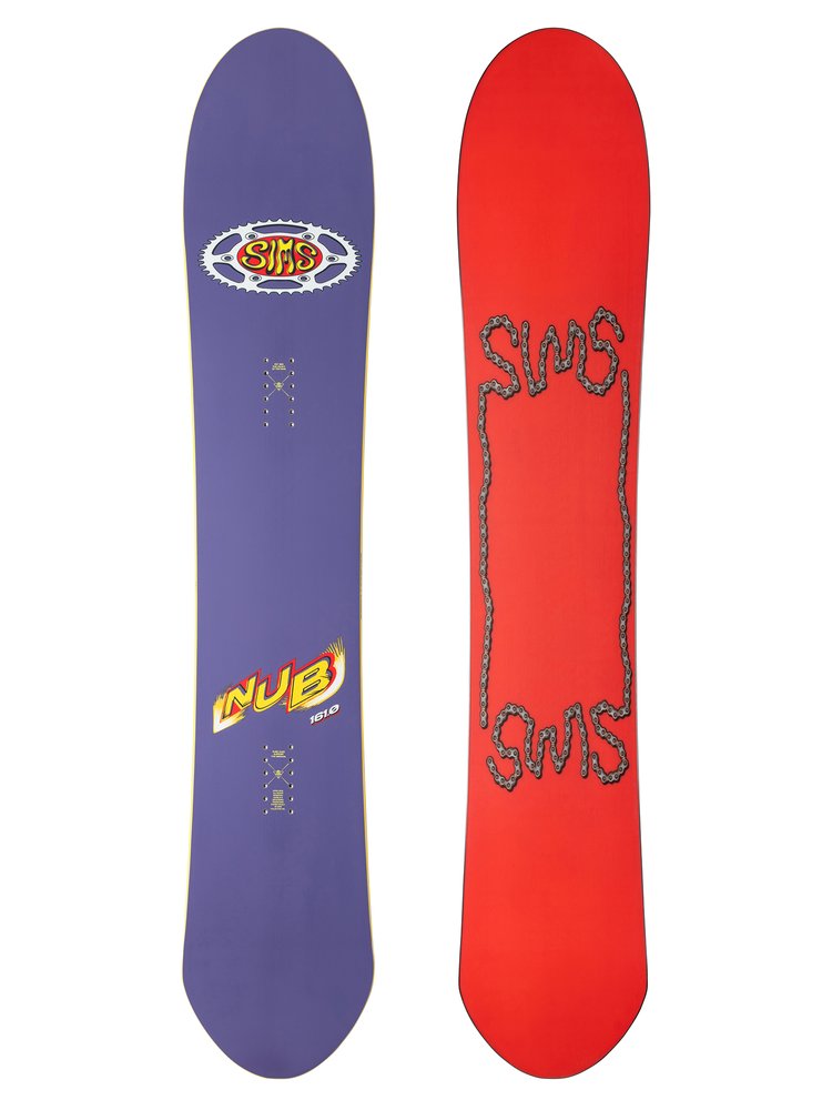Sims Nub Snowboard 2025 - A purple snowboard with a white gear graphic and "Nub" logo in yellow letters.