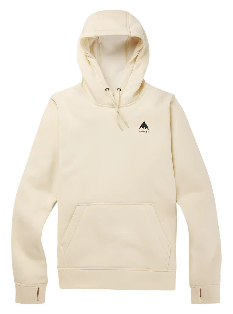 Burton Women's Oak Pullover Hoodie 2025 - A cream-colored hoodie with a small black logo featuring a mountain peak and the word "BURTON" in lowercase letters on the left chest area.