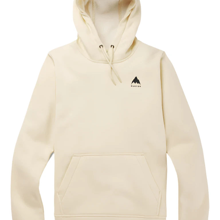 Burton Women's Oak Pullover Hoodie 2025 - A cream-colored hoodie with a small black logo featuring a mountain peak and the word "BURTON" in lowercase letters on the left chest area.