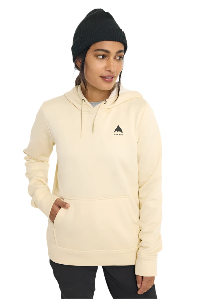 Burton Women's Oak Pullover Hoodie 2025 - A cream-colored hoodie with a small black logo featuring a mountain peak and the word "BURTON" in lowercase letters on the left chest area.