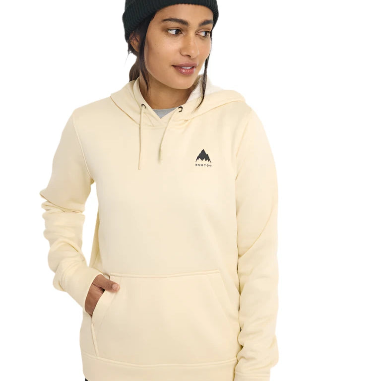 Burton Women's Oak Pullover Hoodie 2025 - A cream-colored hoodie with a small black logo featuring a mountain peak and the word "BURTON" in lowercase letters on the left chest area.