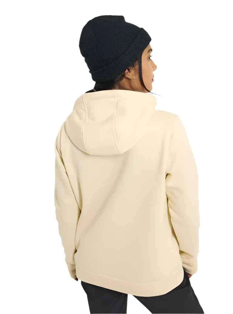 Burton Women's Oak Pullover Hoodie 2025 - A cream-colored hoodie with a kangaroo pocket and drawstring hood.