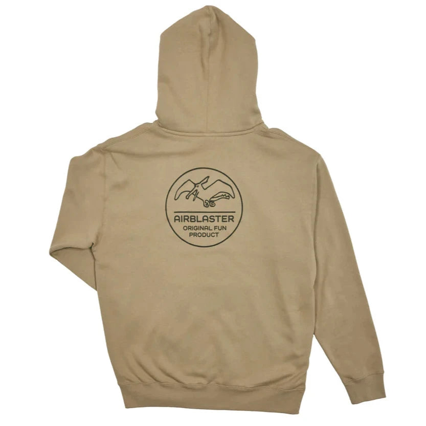 Airblaster OFP Hoodie 2025 - A tan hoodie with a black logo featuring two birds in flight, outlined in thin black lines.