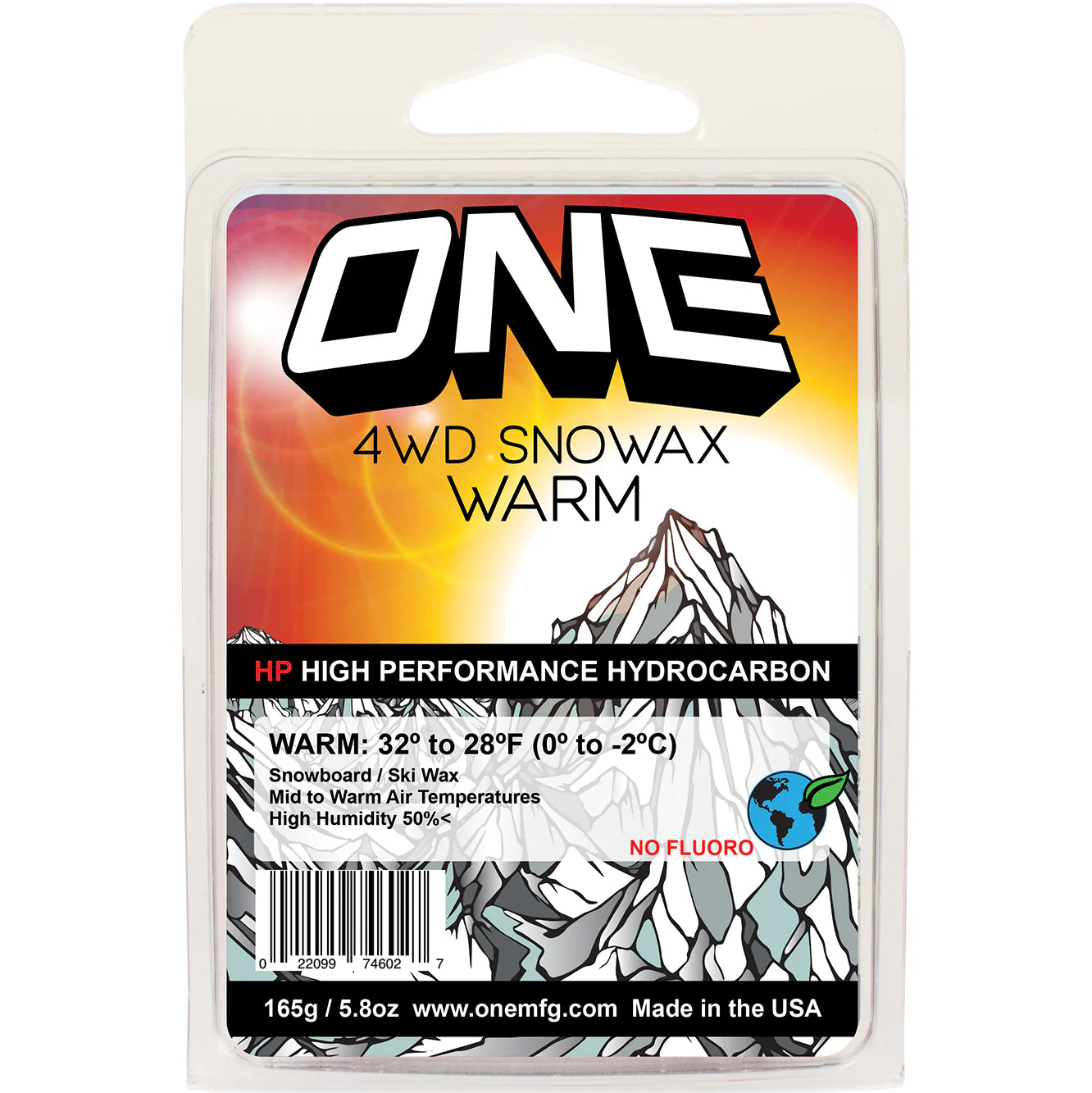 Oneball 4WD Warm Wax 32F to 28F 2025 - A white wax block with a blue label and black text, featuring a snowboarder riding down a mountain.