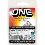 Oneball 4WD Warm Wax 32F to 28F 2025 - A white wax block with a blue label and black text, featuring a snowboarder riding down a mountain.