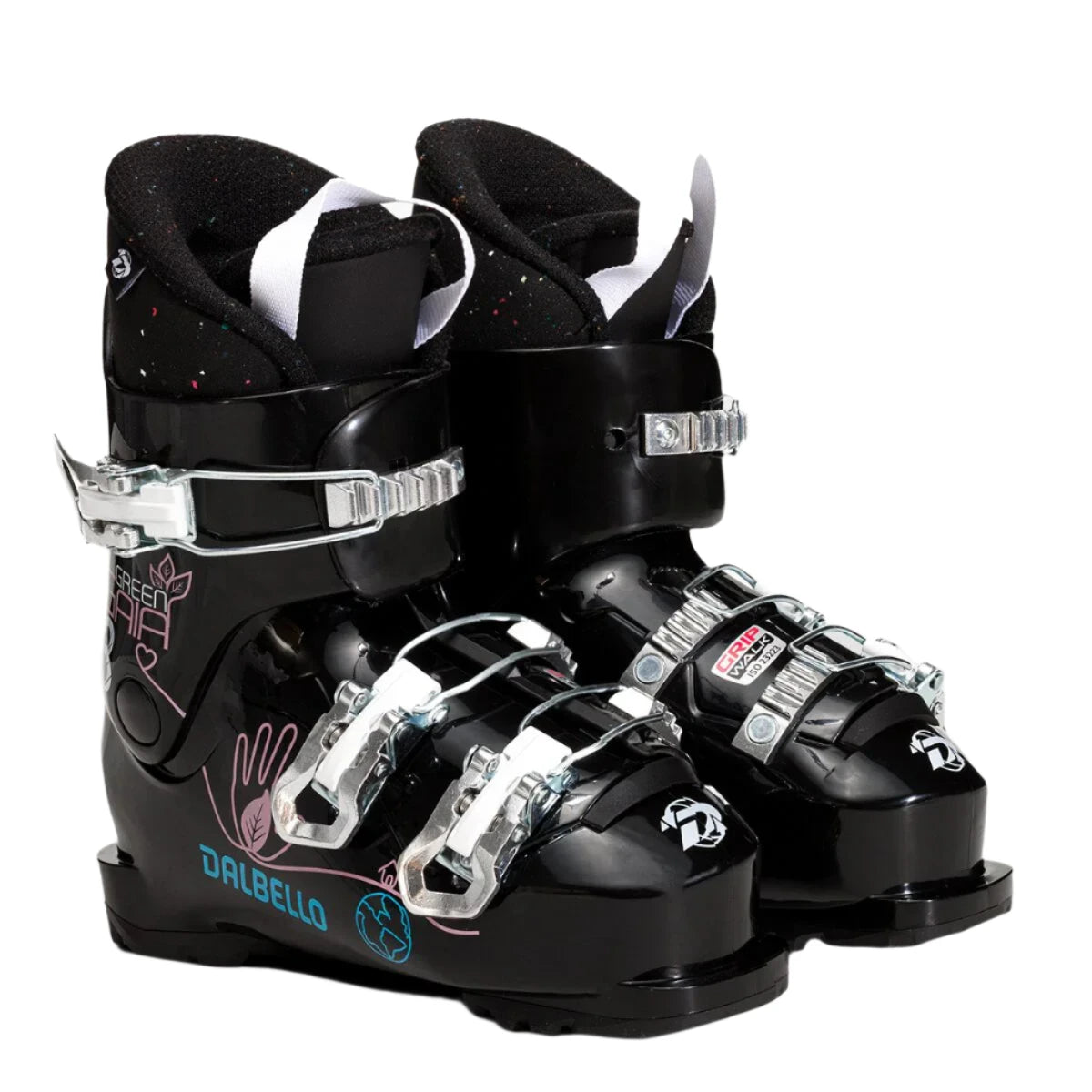 Dalbello Kid's Gaia 3.0 GW Ski Boots 2023 - Black ski boots with a white logo on the side and silver buckles.
