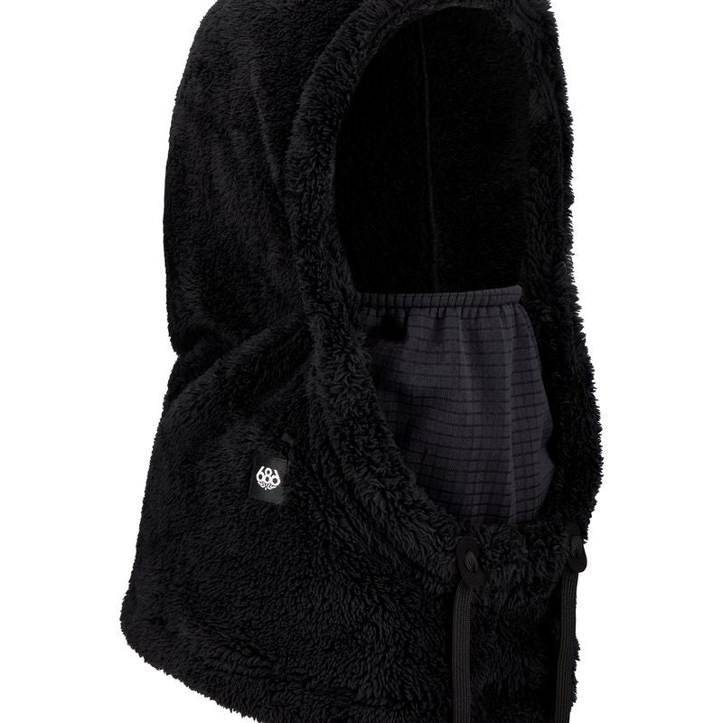 Black sherpa hooded jacket with front pocket and drawstring hem