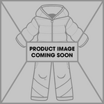 Obermeyer Junior's Quinn Insulated One-Piece Suit 2025 - A light gray snowsuit with a hood, featuring a quilted pattern and two zippered pockets on the front.