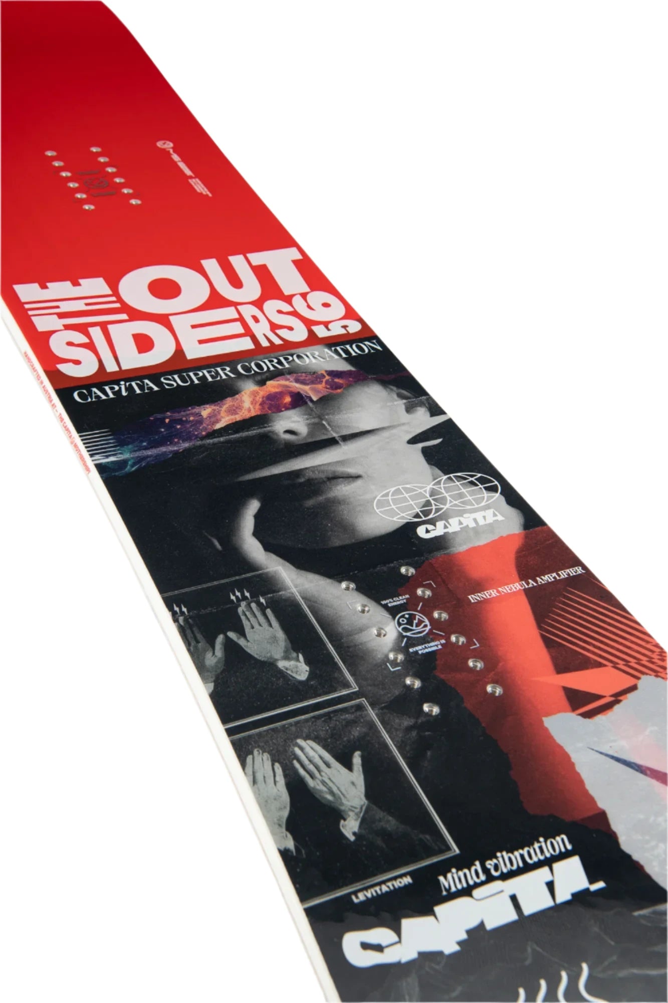 CAPiTA The Outsiders Snowboard 2025 - A red snowboard with a black and white graphic of a man's face wearing sunglasses, overlaid with orange flames.