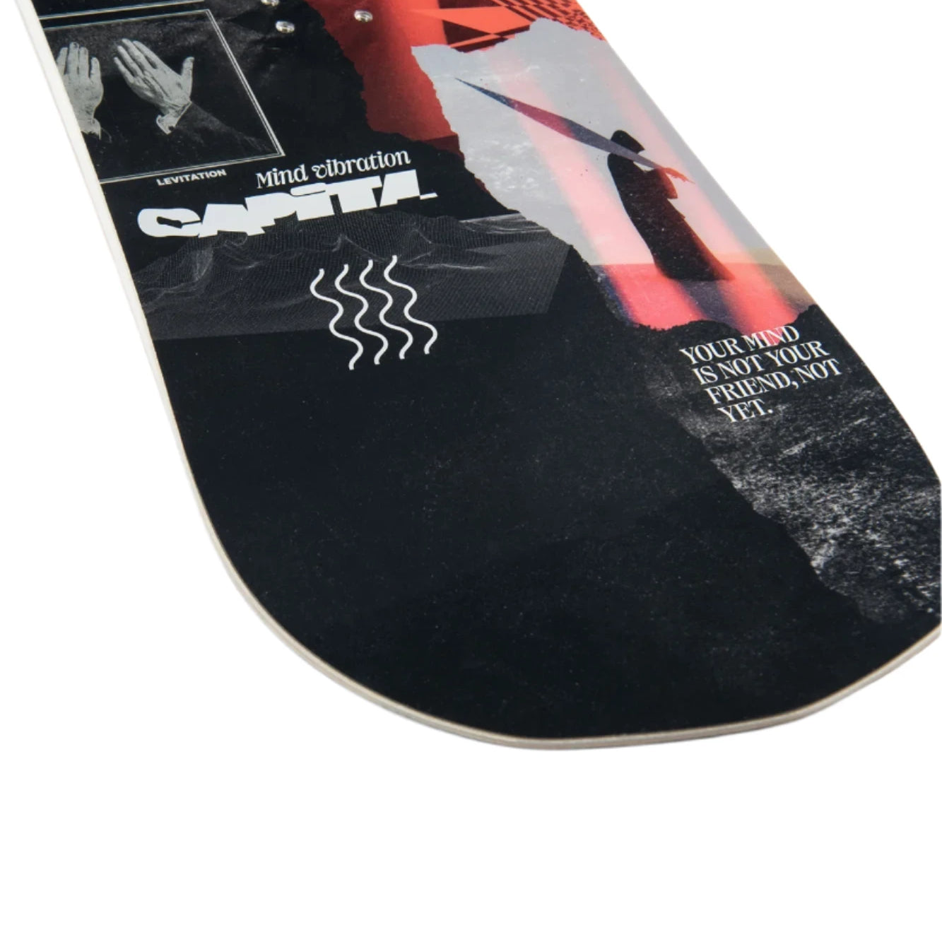 CAPITA - The Outsiders Snowboard 2025 is shown from a top-down perspective, featuring a black background with white and red graphics.