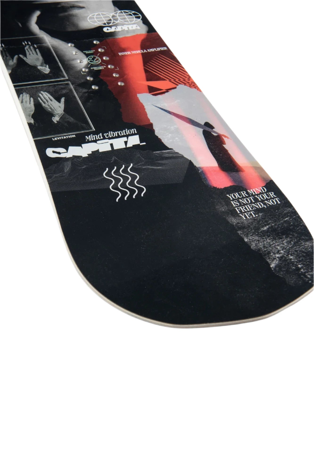 CAPITA - The Outsiders Snowboard 2025 is shown from a top-down perspective, featuring a black background with white and red graphics.