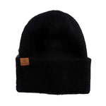 PEARL FUZZY KNIT BEANIE 2024 - A black beanie with a fuzzy texture and a pearl-colored logo on the front.