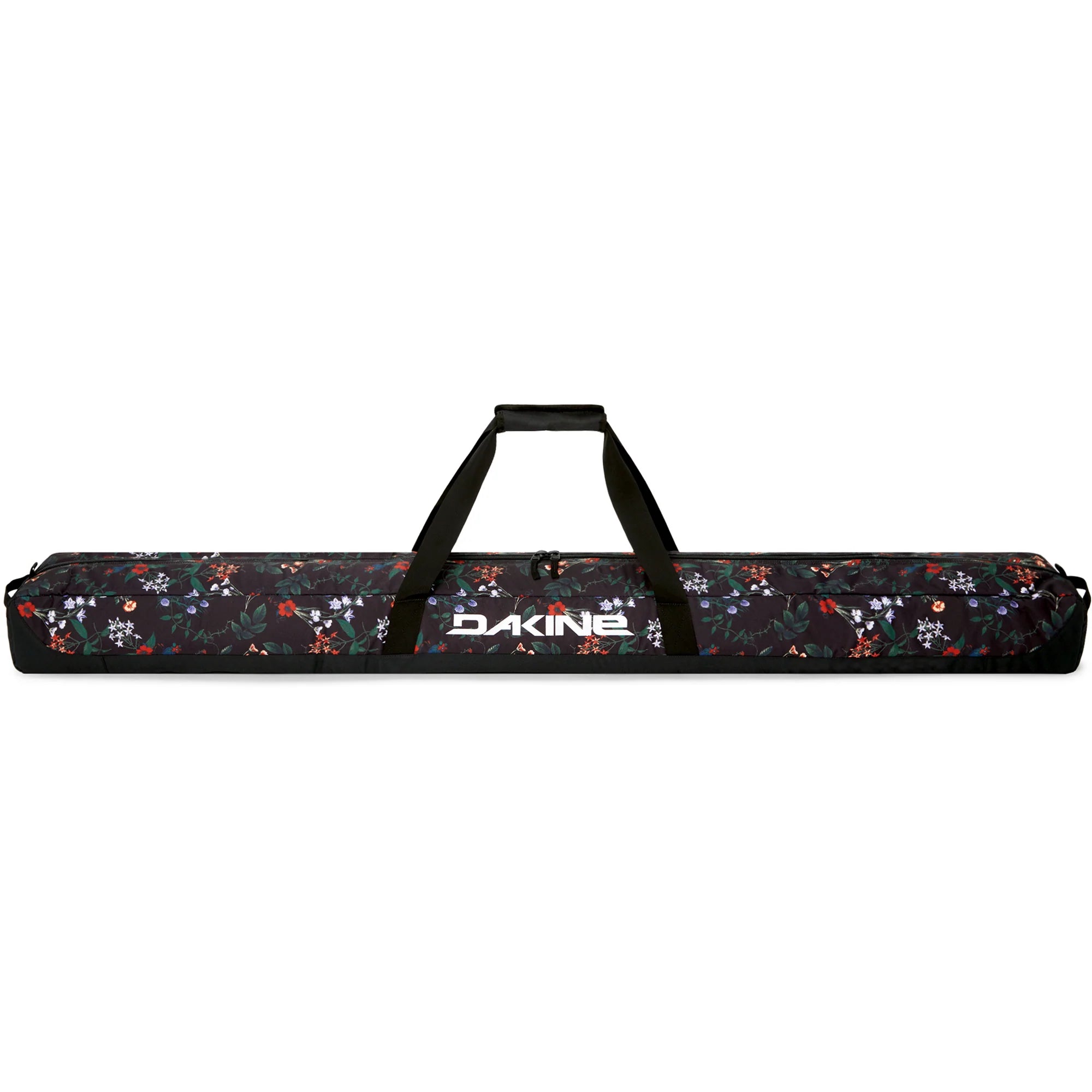 Dakine Padded Ski Sleeve 2025 - A black ski bag with a floral pattern and white lettering, featuring two zippered compartments and a handle on top.
