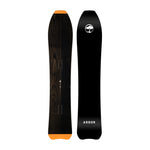 Arbor Padre Snowboard 2025 - A black snowboard with a white logo featuring a tree silhouette in a circle, and an orange tip at both ends.