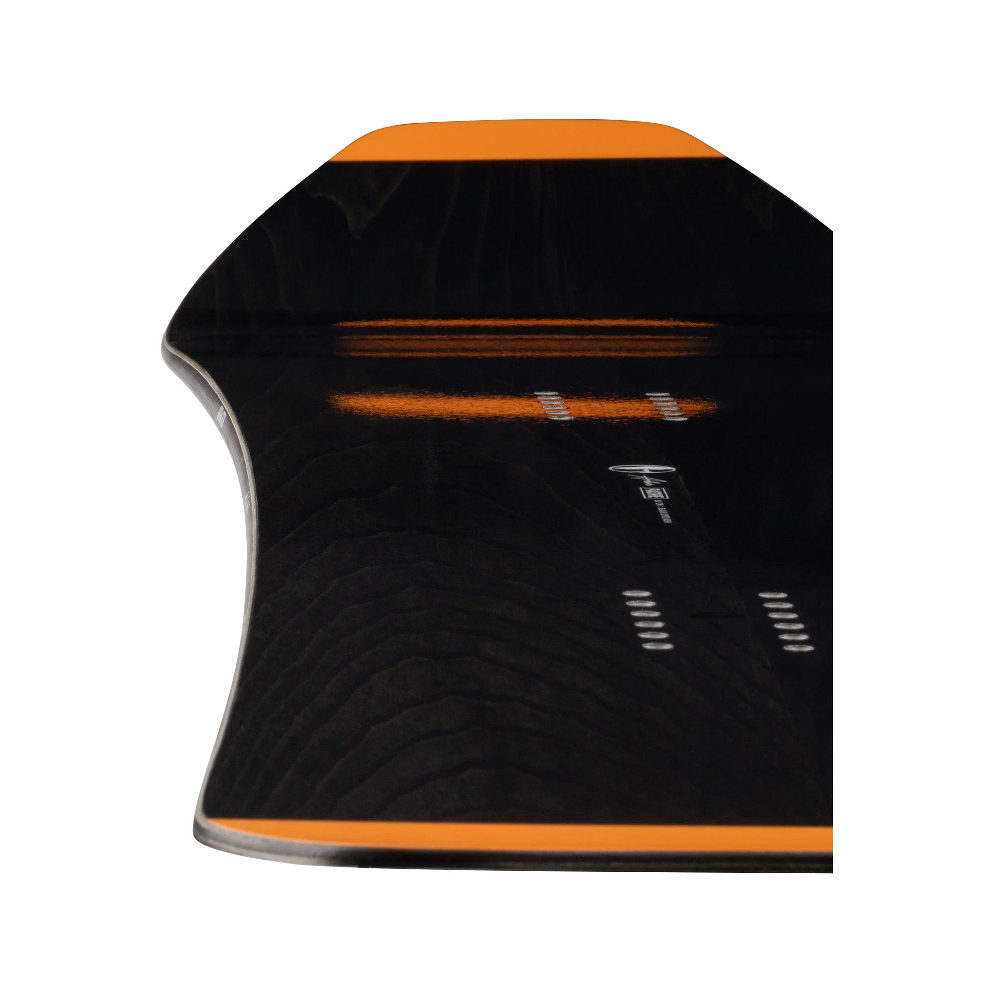 Arbor Padre Snowboard 2025 - A black snowboard with a subtle orange stripe along its top edge.