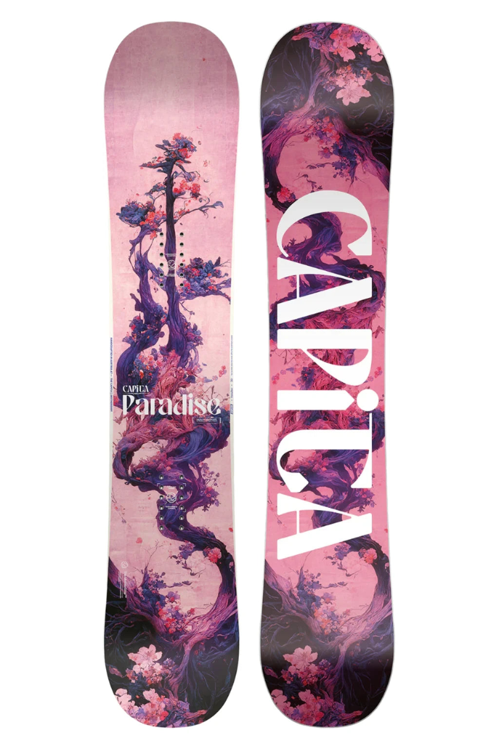 CAPiTA Women's Paradise Snowboard 2025 - A pink snowboard with a tree and flowers on it.