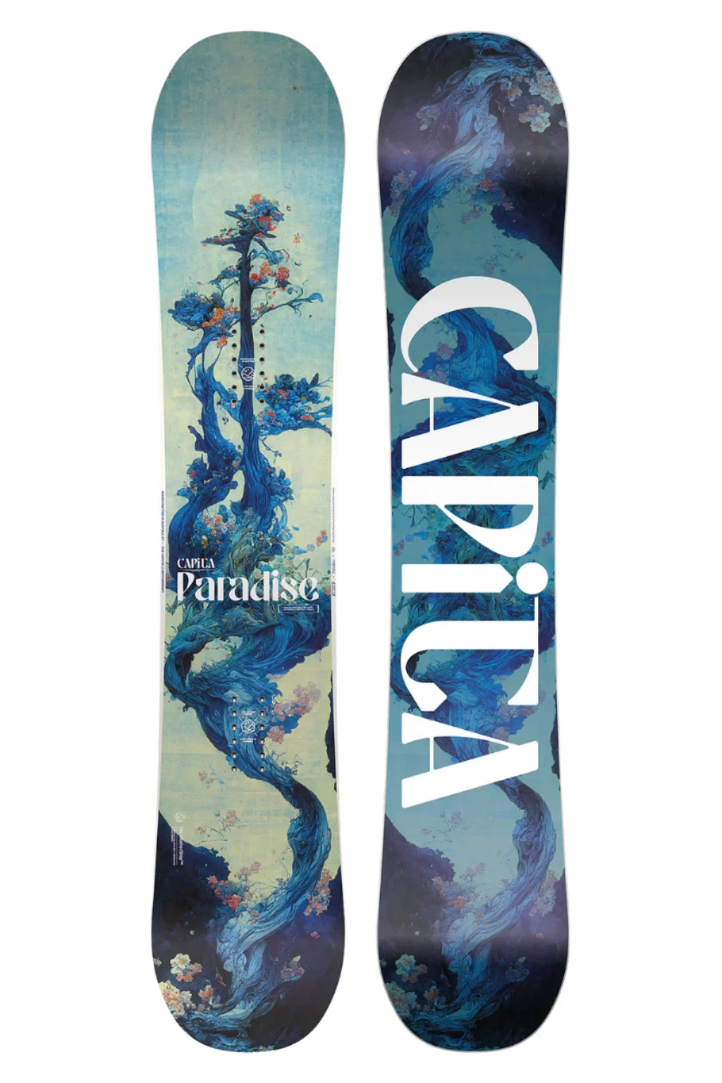 CAPiTA Women's Paradise Snowboard 2025 - A blue snowboard with a tree and flowers on it.
