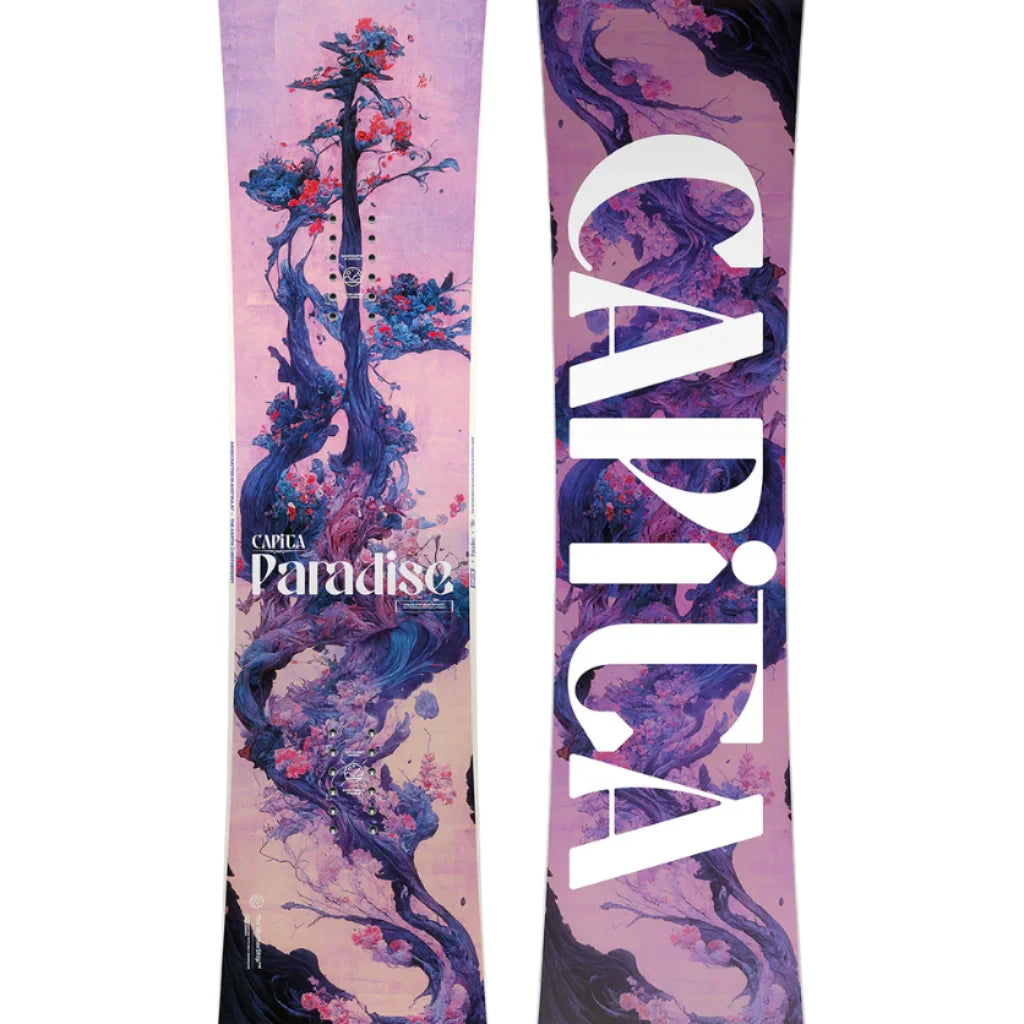 CAPiTA Women's Paradise Snowboard 2025 - A pink snowboard with a tree and flowers on it.