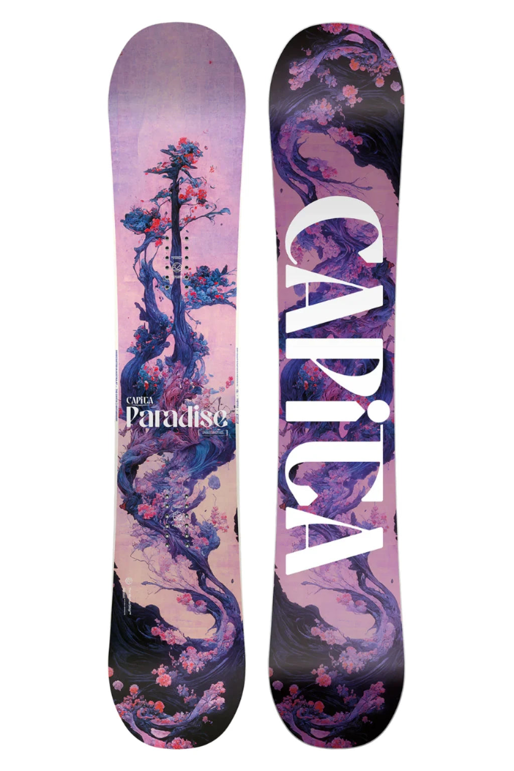 CAPiTA Women's Paradise Snowboard 2025 - A pink snowboard with a tree and flowers on it.