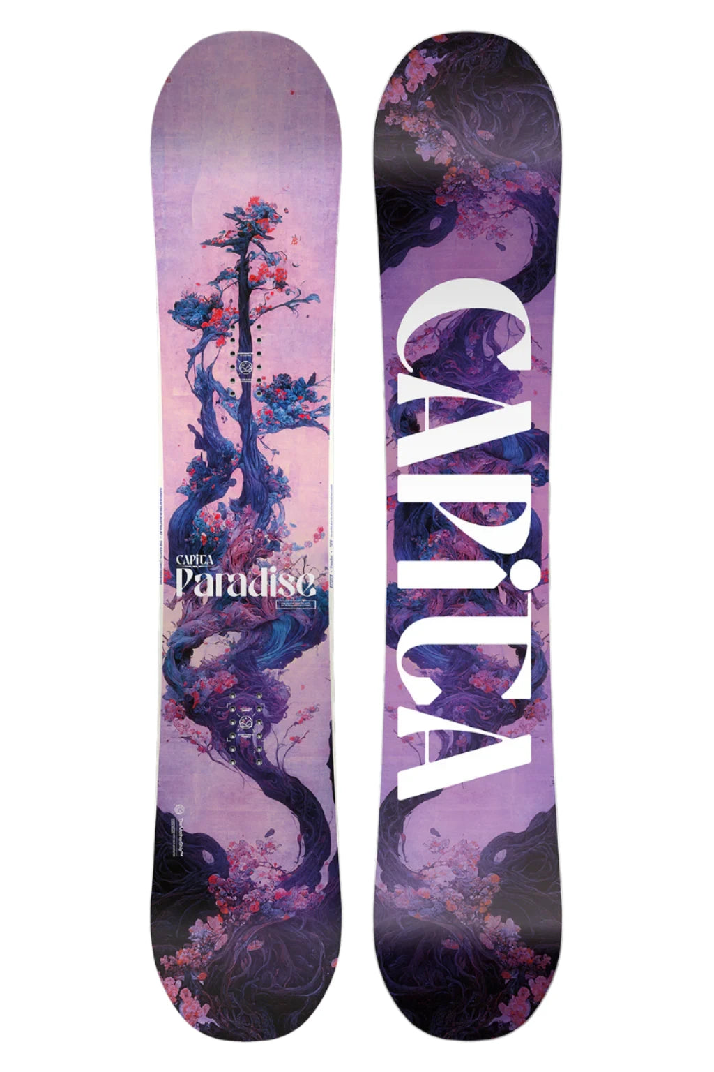 CAPiTA Women's Paradise Snowboard 2025 - A snowboard with a pink background and blue tree design.