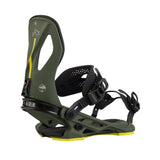 Arbor Cypress Pat Moore Snowboard Binding 2025 - A green snowboard binding with a black strap and yellow accents on the baseplate.