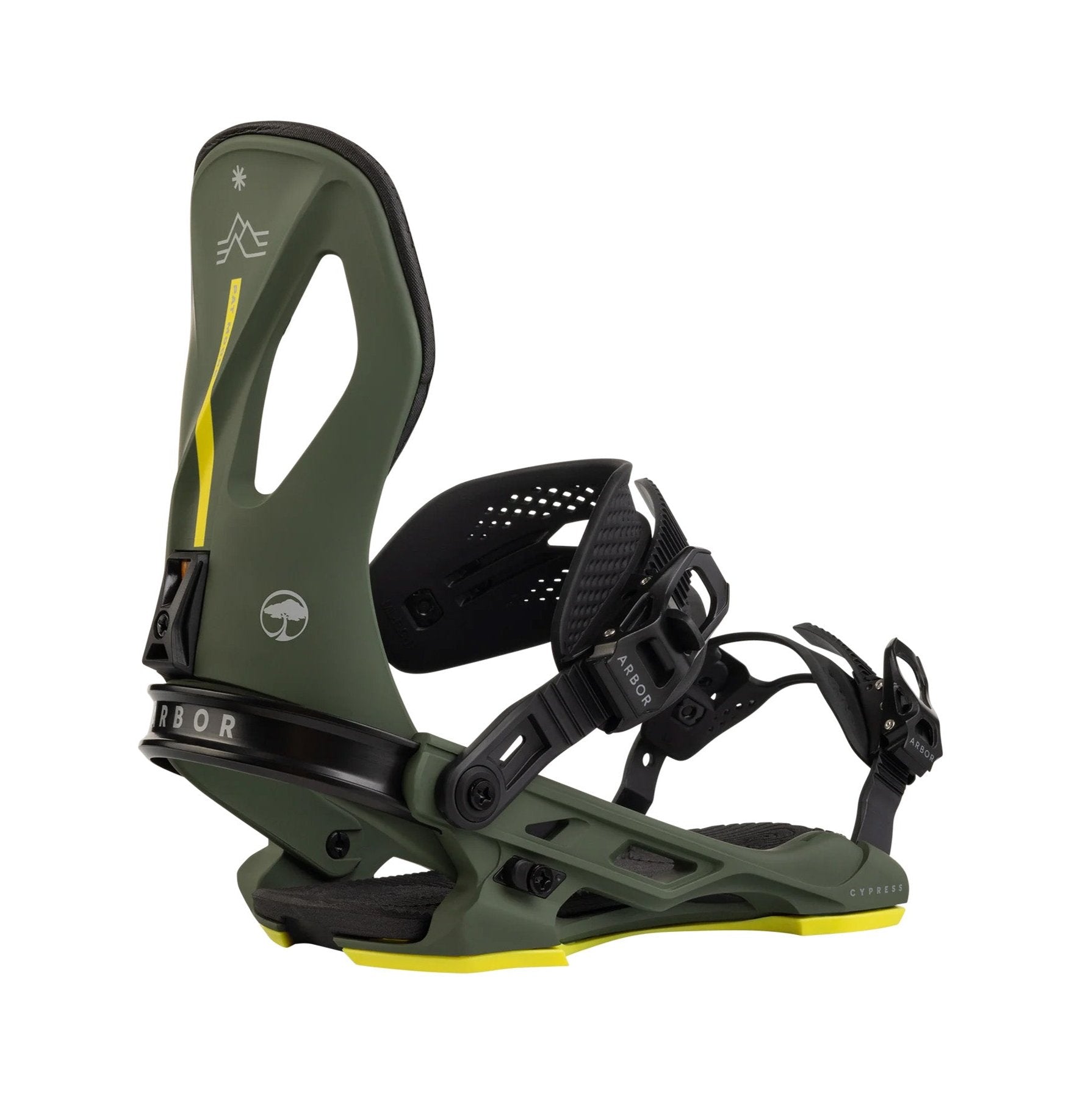 Arbor Cypress Pat Moore Snowboard Binding 2025 - A green snowboard binding with a black strap and yellow accents on the baseplate.