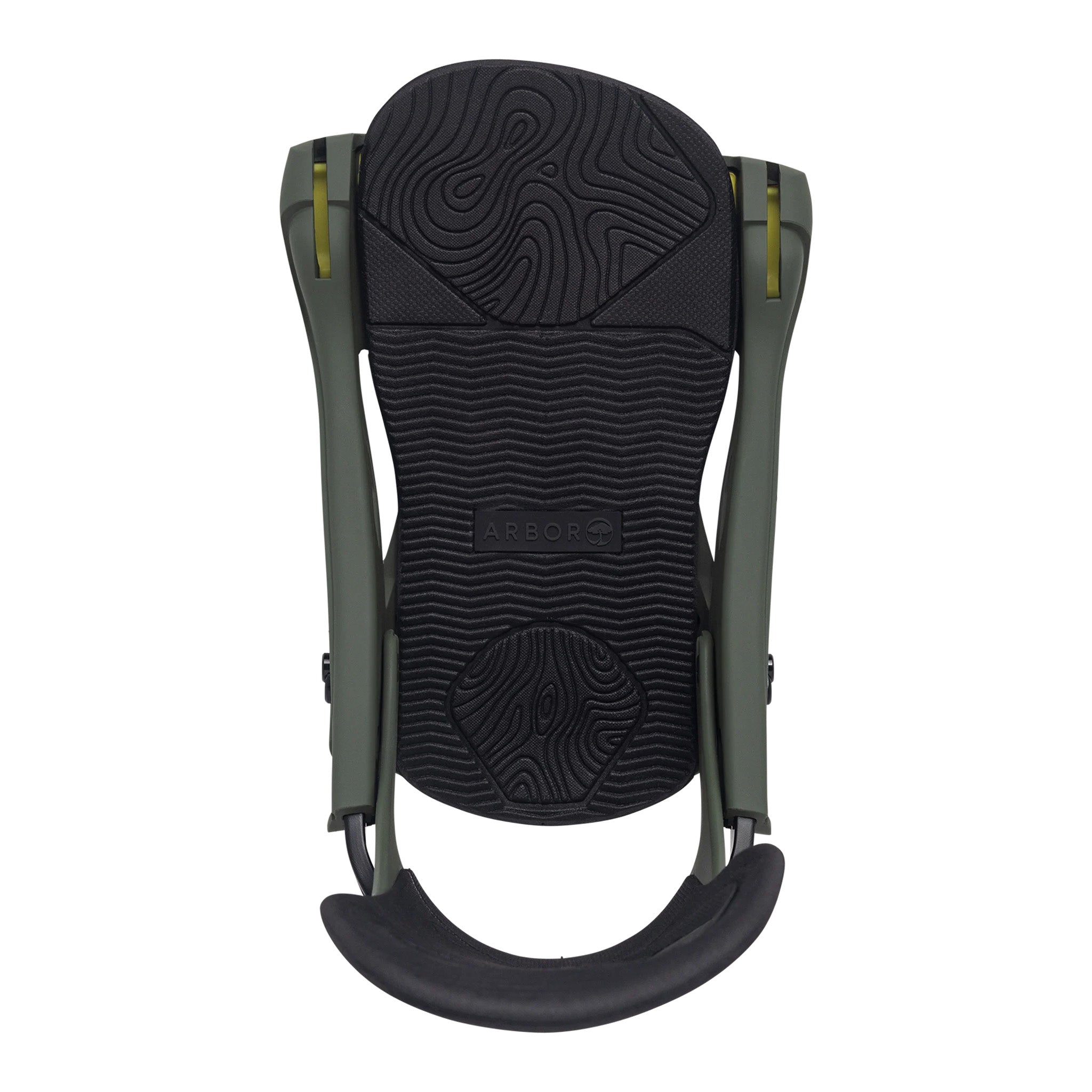 Arbor Cypress Pat Moore Snowboard Binding - A black snowboard binding with a textured pattern on top and a small logo that says "Pat Moore" in white letters.